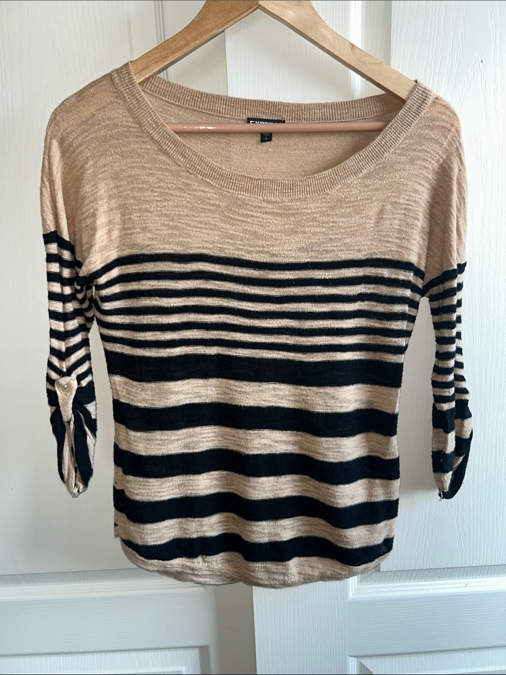 Express Beige and Black Striped Scoop Neck Sweater